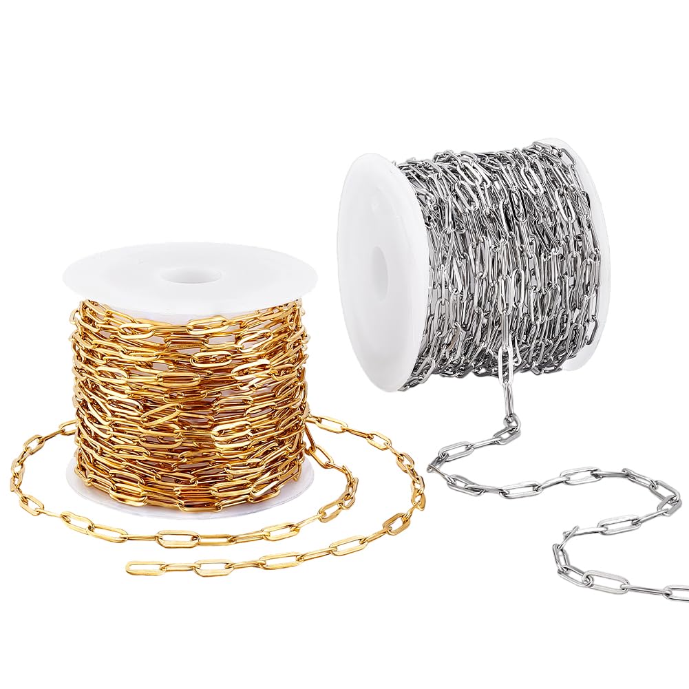 PH PandaHall 10m x 3mm Catene a Graffetta in Acciaio Inossidabile Placcato in Oro 18K Catena Argentata Dorata per Borse Creazione di Gioielli Collane Bracciali per Lavori Fai Da Te, 2 Rotoli