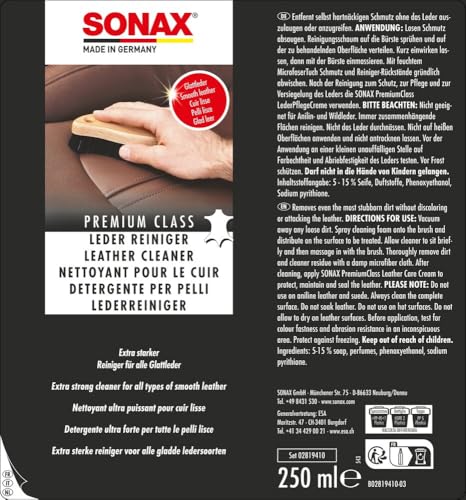 SONAX PREMIUM CLASS LederPflegeSet (3x 250 ml) inkl. 2x LederReiniger, 1x LederPflegeCreme, 1x MicrofaserTuch, 1x MicrofaserPflegePad, 1x IntensivreinigungsBürste | Art-Nr. 02819410