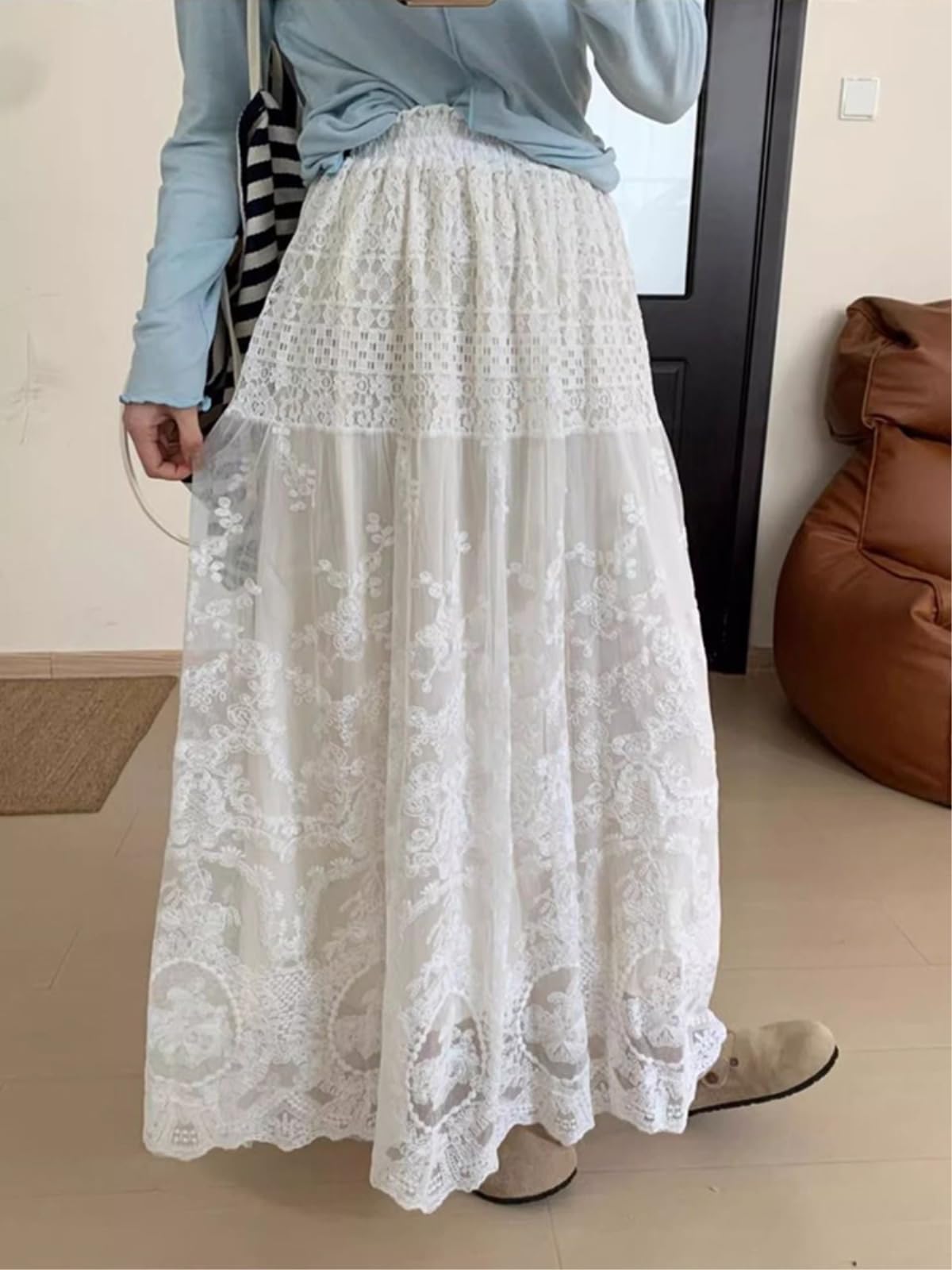 Gonne Donna Abito Maxi in Pizzo Bianco, Gonna Vita Alta A-Line, Abbigliamento Primavera Estate Stile Bohemian