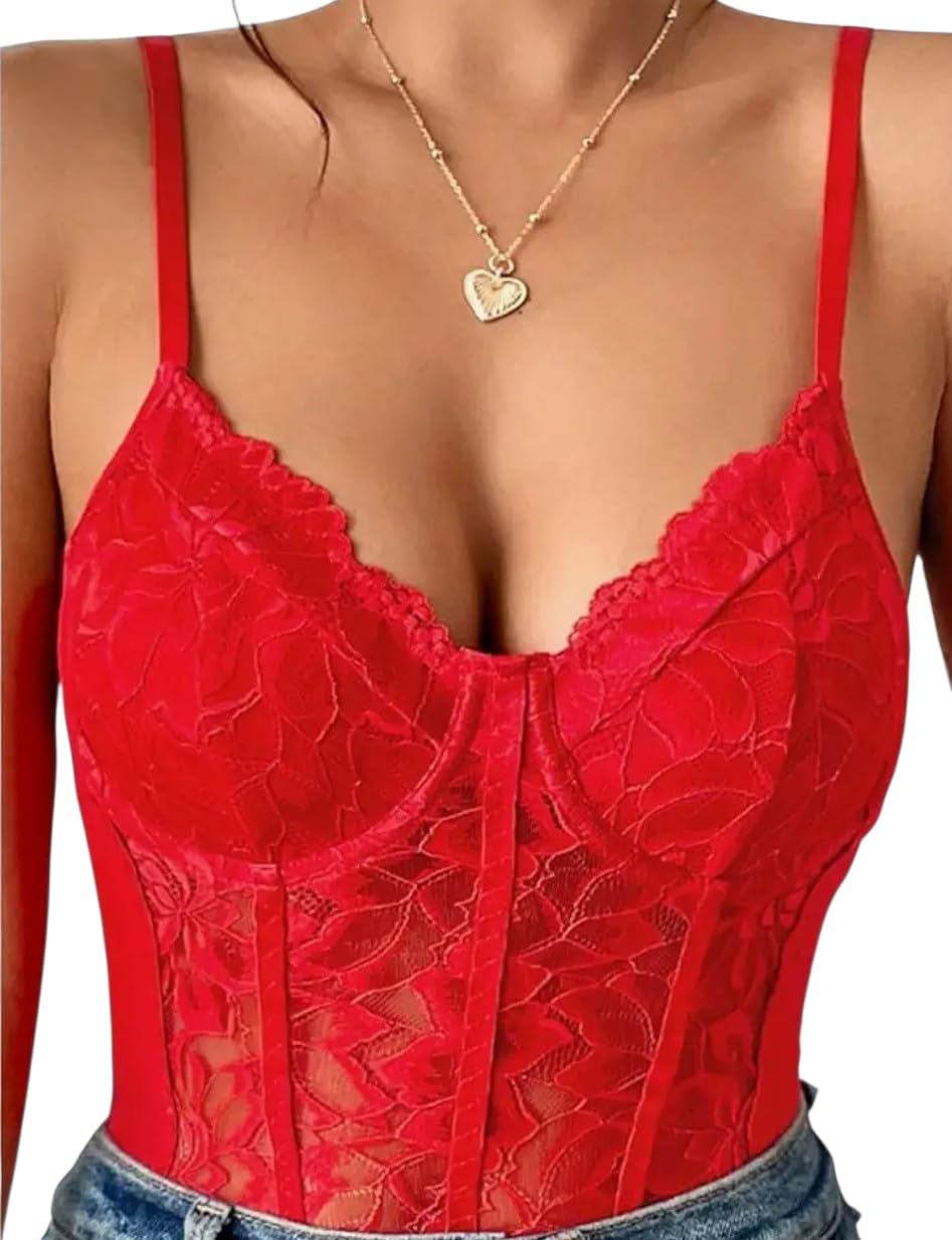 Anexa collection Red Lace Corset Top, Floral Pattern, Adjustable Straps, Bustier Style (IN, Alpha, S, 21 Go, B, 28, Regular, Standard, Red)