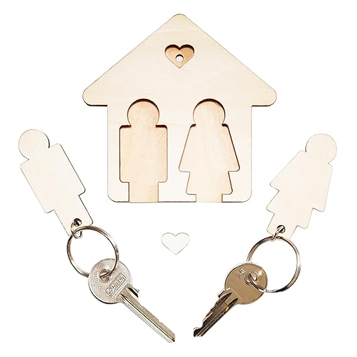 LAC 2 Wooden Couples Keyrings in a Key Holder for Wall - His and Hers House Warming Gifts New Home - Christmas Presents