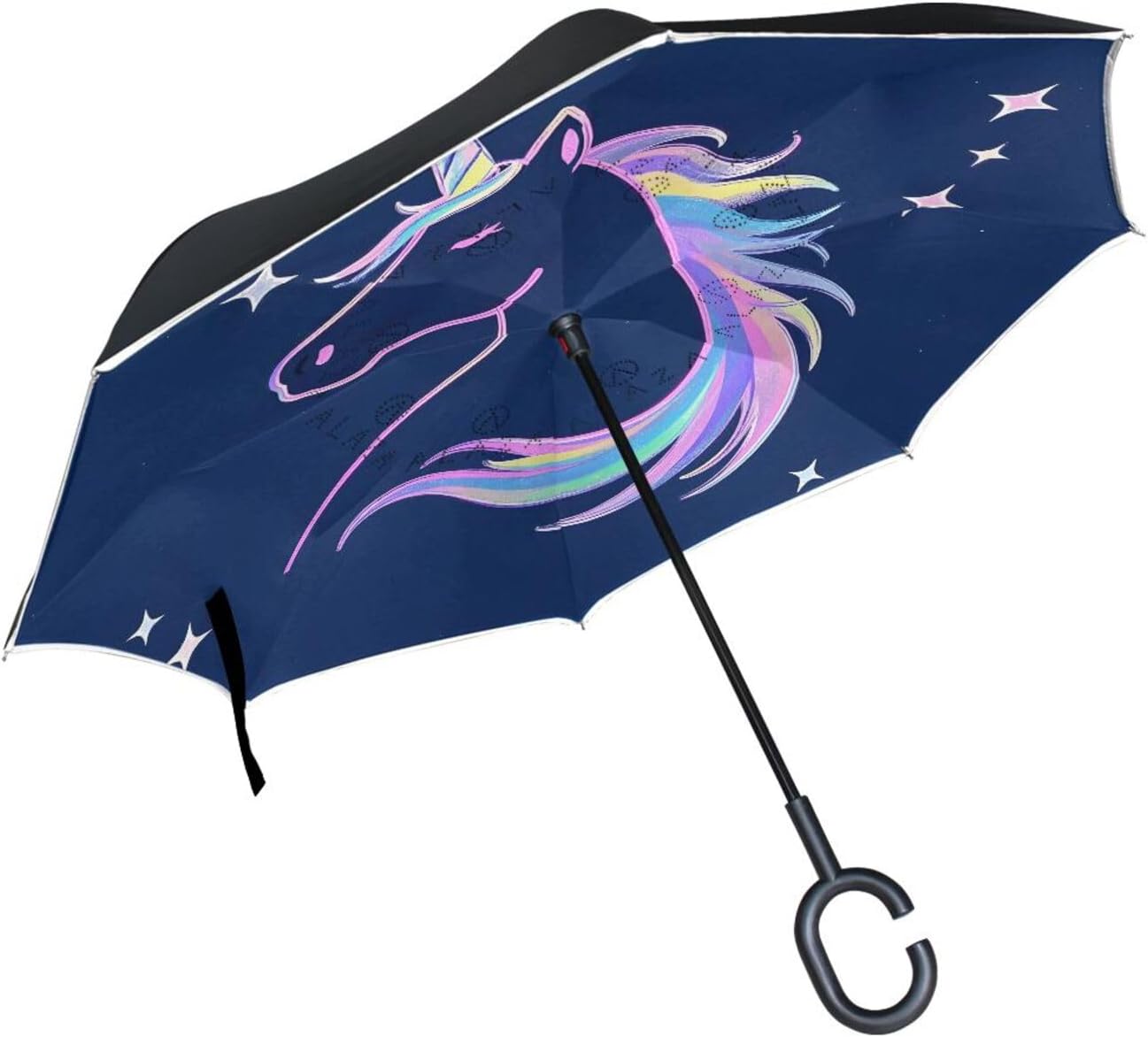 Unicorn Portrait Print Inverted Umbrellas for Rain Windproof Reverse Upside Down Golf Umbrella with C-shape Handle for Men Women