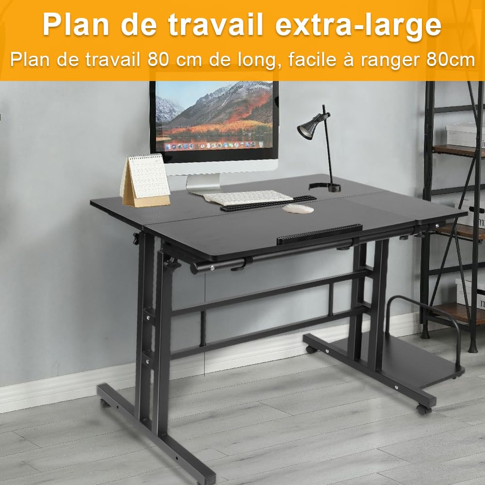 Scrivania in piedi regolabile in altezza con 6 ruote, inclinabile, tavolo compatto per PC per casa, ufficio, postazione di lavoro sit-stand (80 + 22) x 60 cm