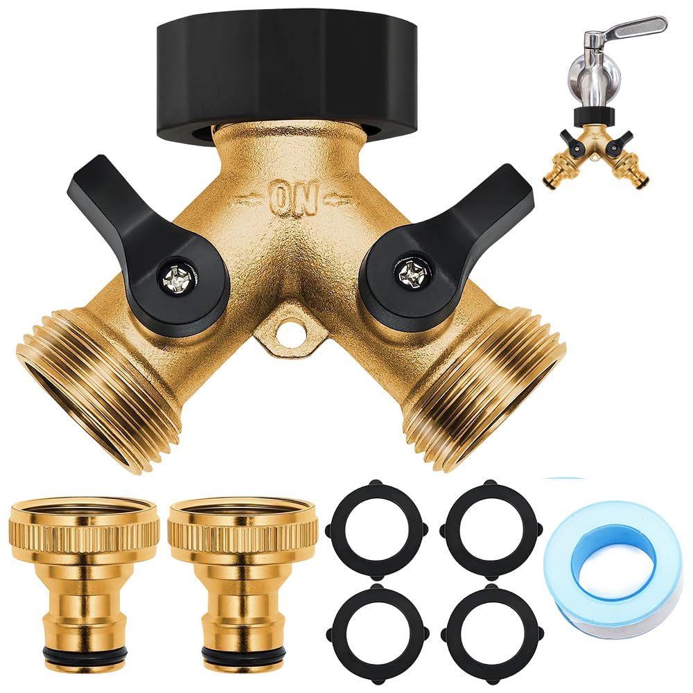 2 Way Garden Hose Splitter, 2 Way Brass Hose Splitter, Double Way 3/4" Hose Connector, Y Valve Tap Connector, with Individual On/Off Valves and Two Quick Connector for Outdoor, Garden, Courtyard, Lawn