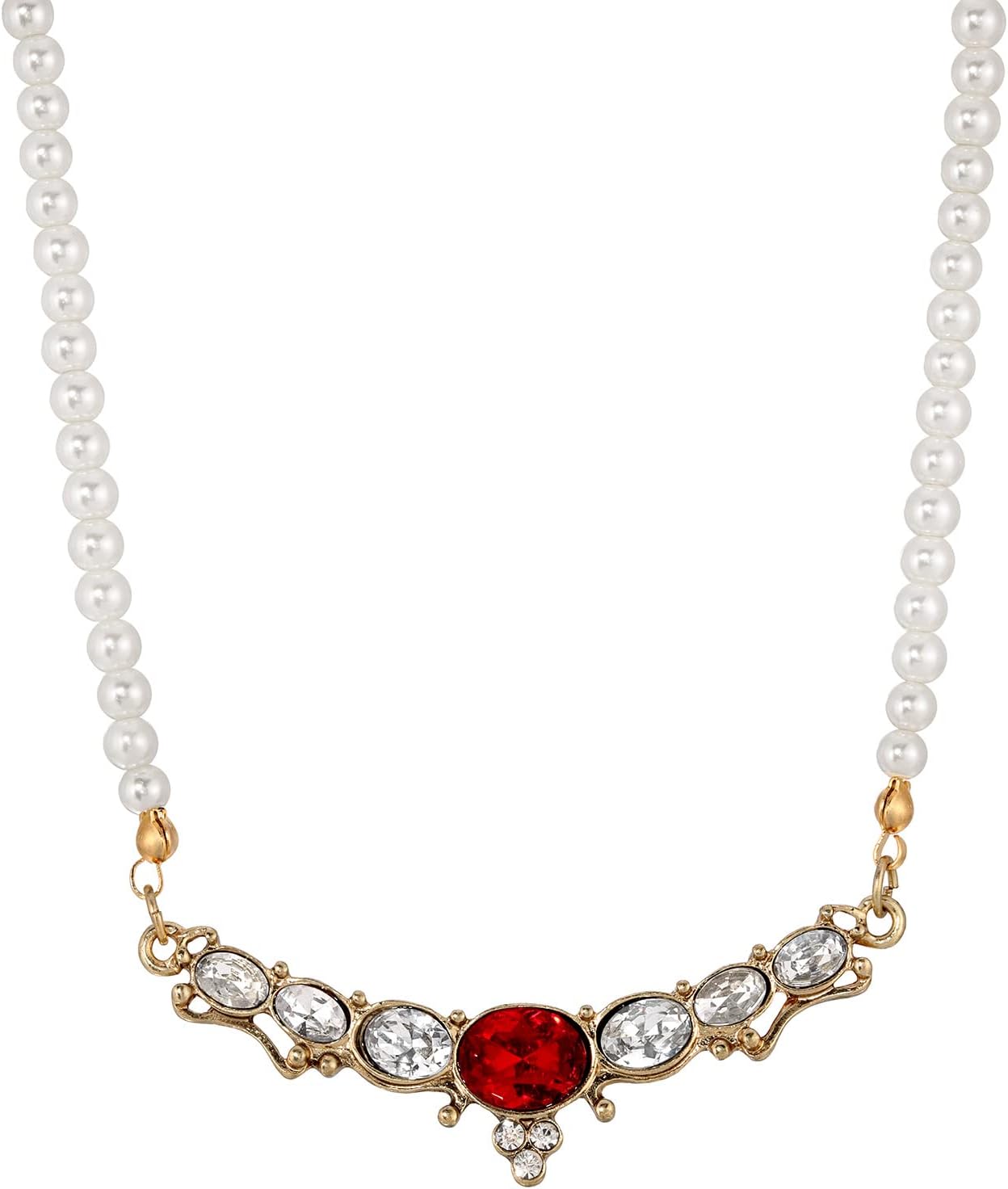 1928 Jewelry Women's Estate 4mm Faux Pearl Strand Clear & Red Crystal Collar Necklace 16" + 3" Extender