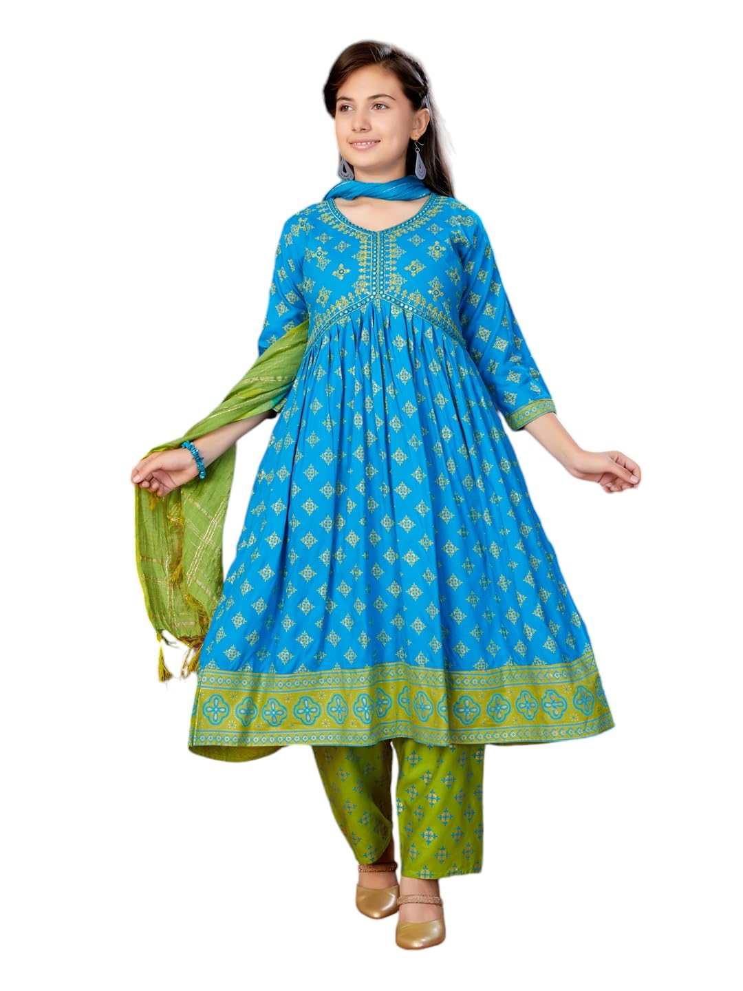 Aarika Girls Ethnic Wear Blue Colour Foil Print Mirror Embroidery Rayon Kurti (9-16 Years)