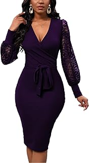 Womens Sexy Wrap V Neck Lantern Lace Long Sleeve Bodycon Midi Dress Semi Formal Cocktail Party Dresses - Buy now