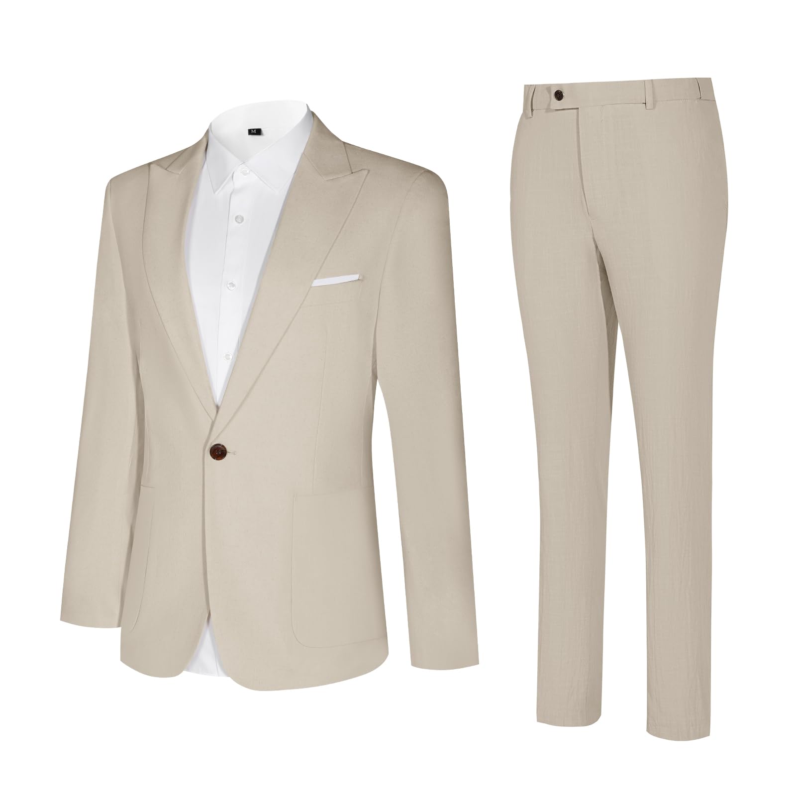 Linen Men Suit Set Casual Tuxedo 2 Piece Regular Fit Blazer One Button Solid Jacket and Pants for Prom Wedding Party