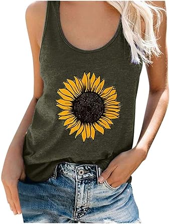 Sunflower Tank Tops for Women Loose Fit Sunflower Print Crew Neck Funny Cute Graphic T-Shirts Sleeveless Tee Tops