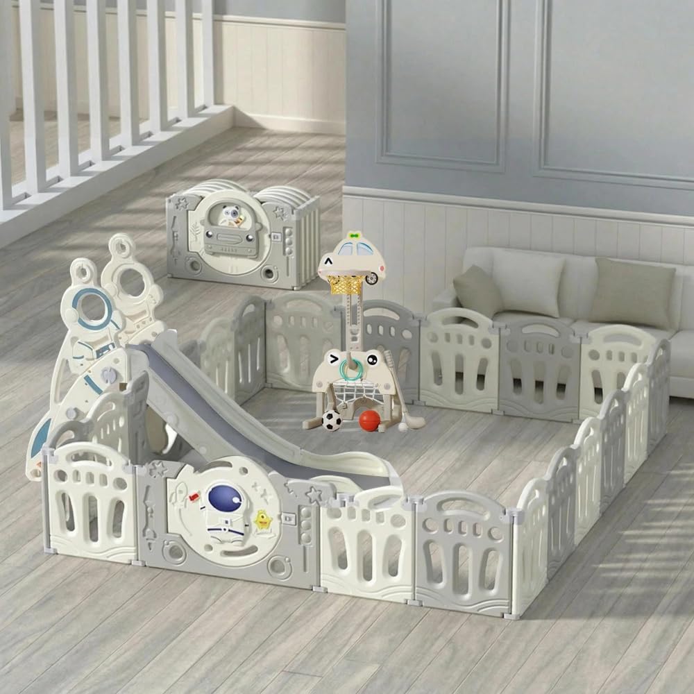 Faltbarer Astronauten-Laufstall mit Spielmatte, Rutsche,(A14+2) | Sicherer Spielbereich für Babys und Kleinkinder.Komplett ausgestattet mit vielfältigem Spielzubehör, platzsparend faltbar