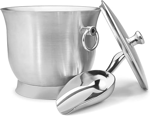 Cubo de hielo aislado  Cubo de hielo de acero inoxidable de doble pared con pinzas para hielo, cuchara, tapa y exclusivo soporte de nailon hecho a