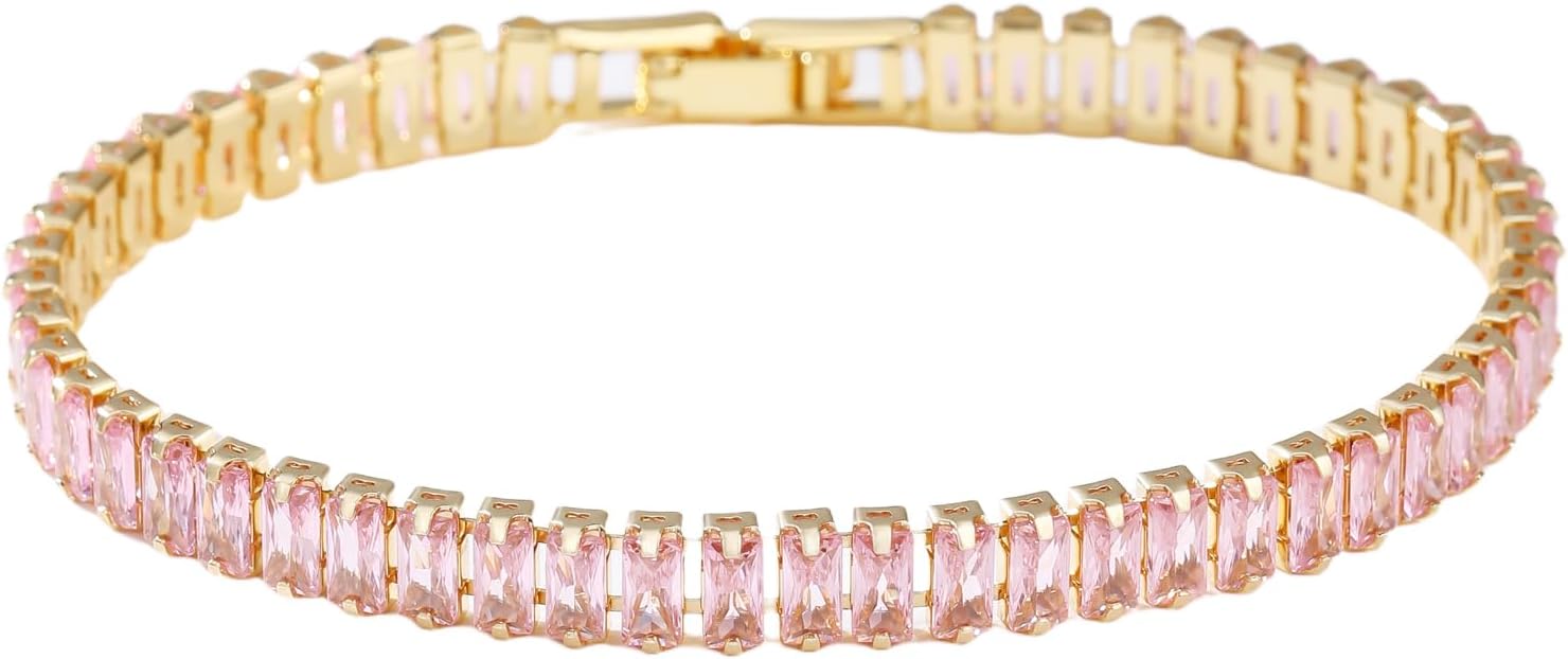 18K Gold-Plated Pink Cubic Zirconia Tennis Bracelet, Multiple Sizes 5.9-7.5 Inchs Fashion Women's Pink Tennis Bracelet
