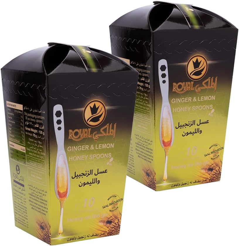 Al Malaky Royal Honey Spoons | Boosts immunity | 100% Pure & Natural Honey | (2 packs of 10 spoons) (Ginger Lemon Honey)