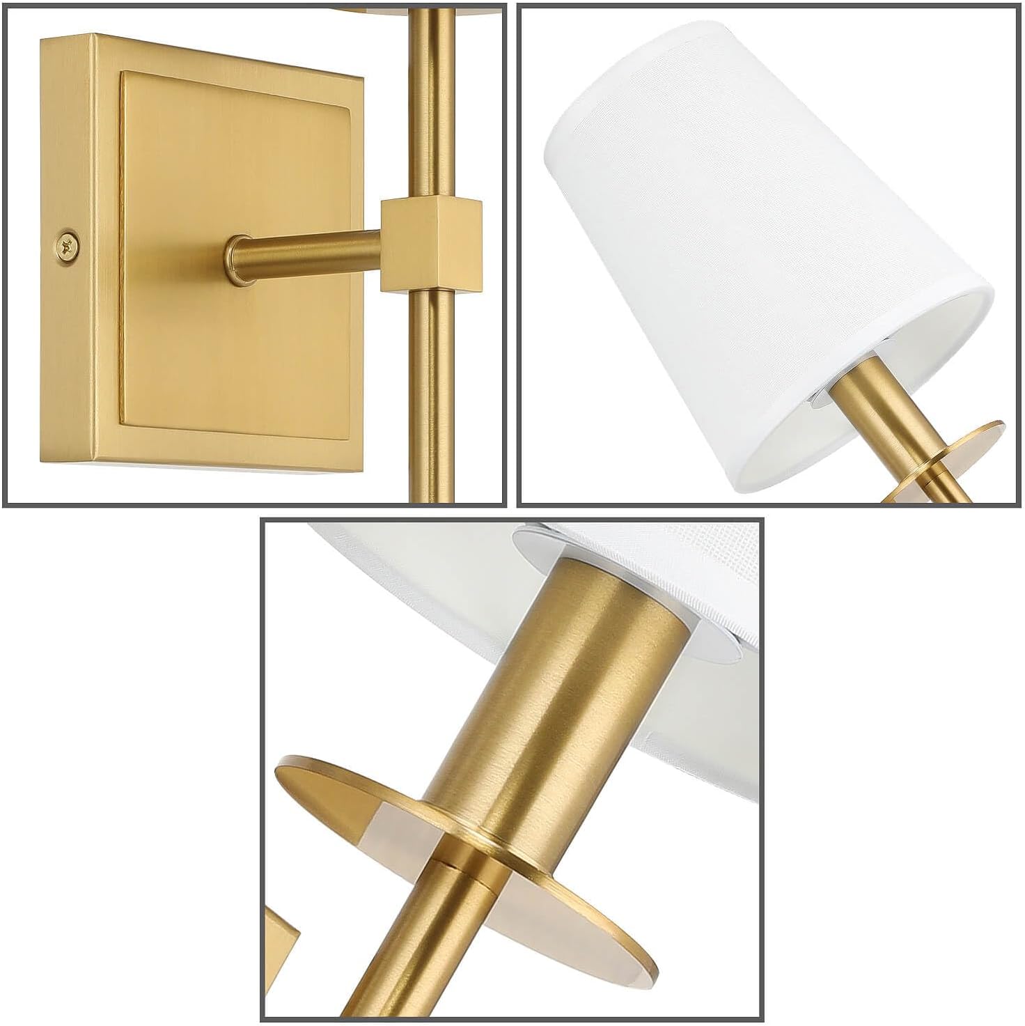 XiNBEi Lighting Brass Wall Sconces Set of 2 Modern Gold Sconce Light Fixture with Fabric Shade Wall Lamp for Bathroom Bedroom Corridor & Living Room XB-W1307-WBS
