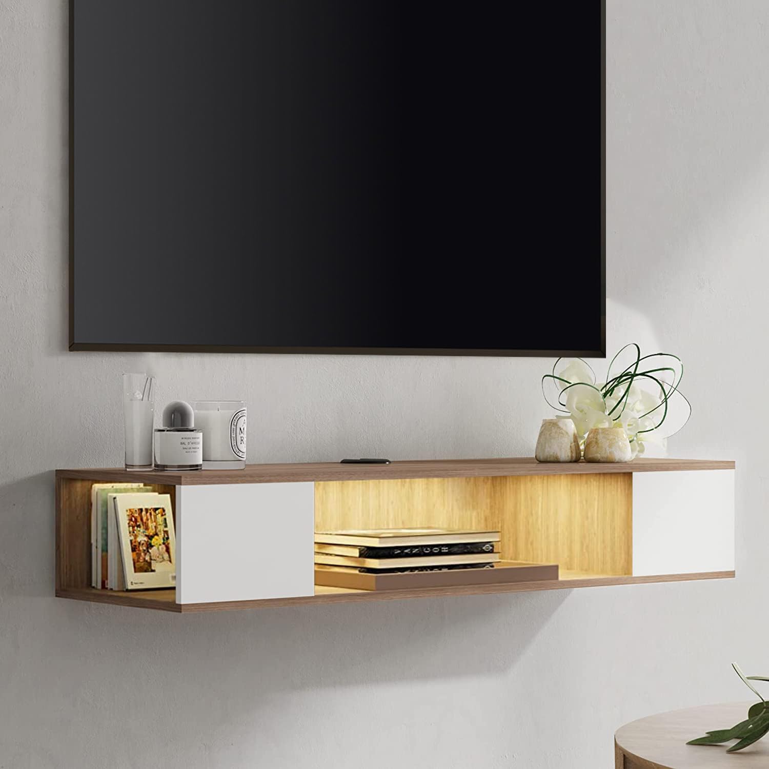 WAMPT White Floating TV Shelf with Yellow Lights, 40 inch Floating Entertainment