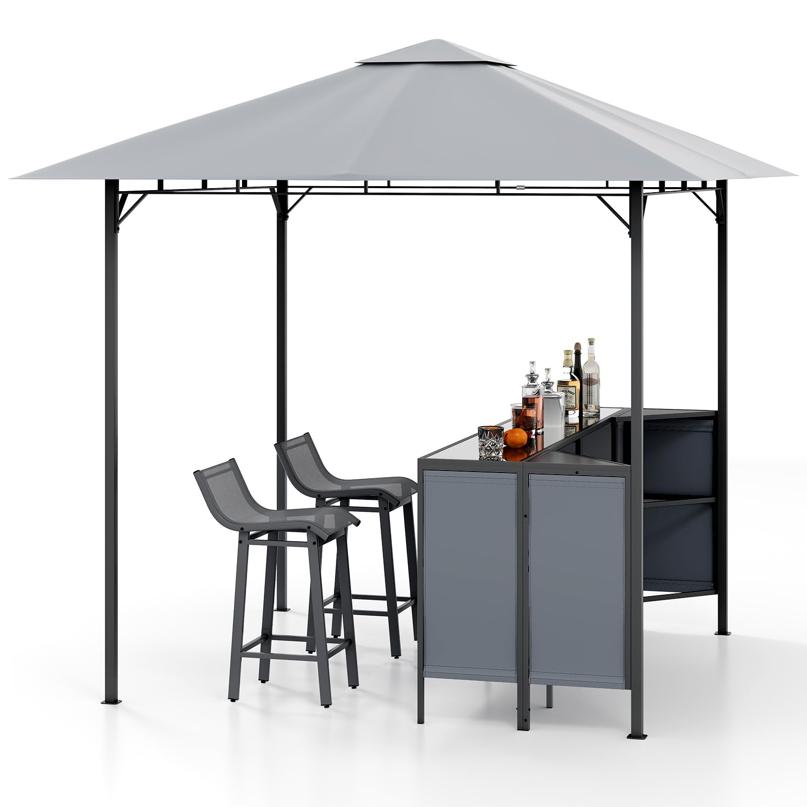COSTWAY Tonnelle de Bar de Patio en 3 Pièces 245 x 245 CM avec 2 Tabourets de Bar, Abri Barbecue Double Toit Table de Bar en Verre Trempé Étagère de Rangement Porte-Verres à Vin, pour Fêtes (Gris)
