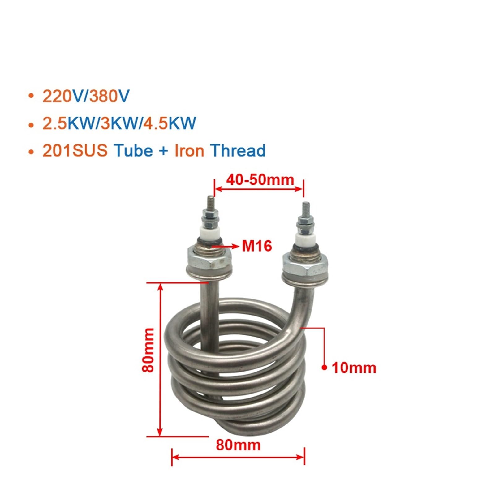 220 V/380 V Elektrische Warmwasserbereitung Heizelement 2,5 KW/3 KW/4, KW Spirale Edelstahl Tauchrohr 1 Stücke(220V 201SS,2000W 80mm M16)