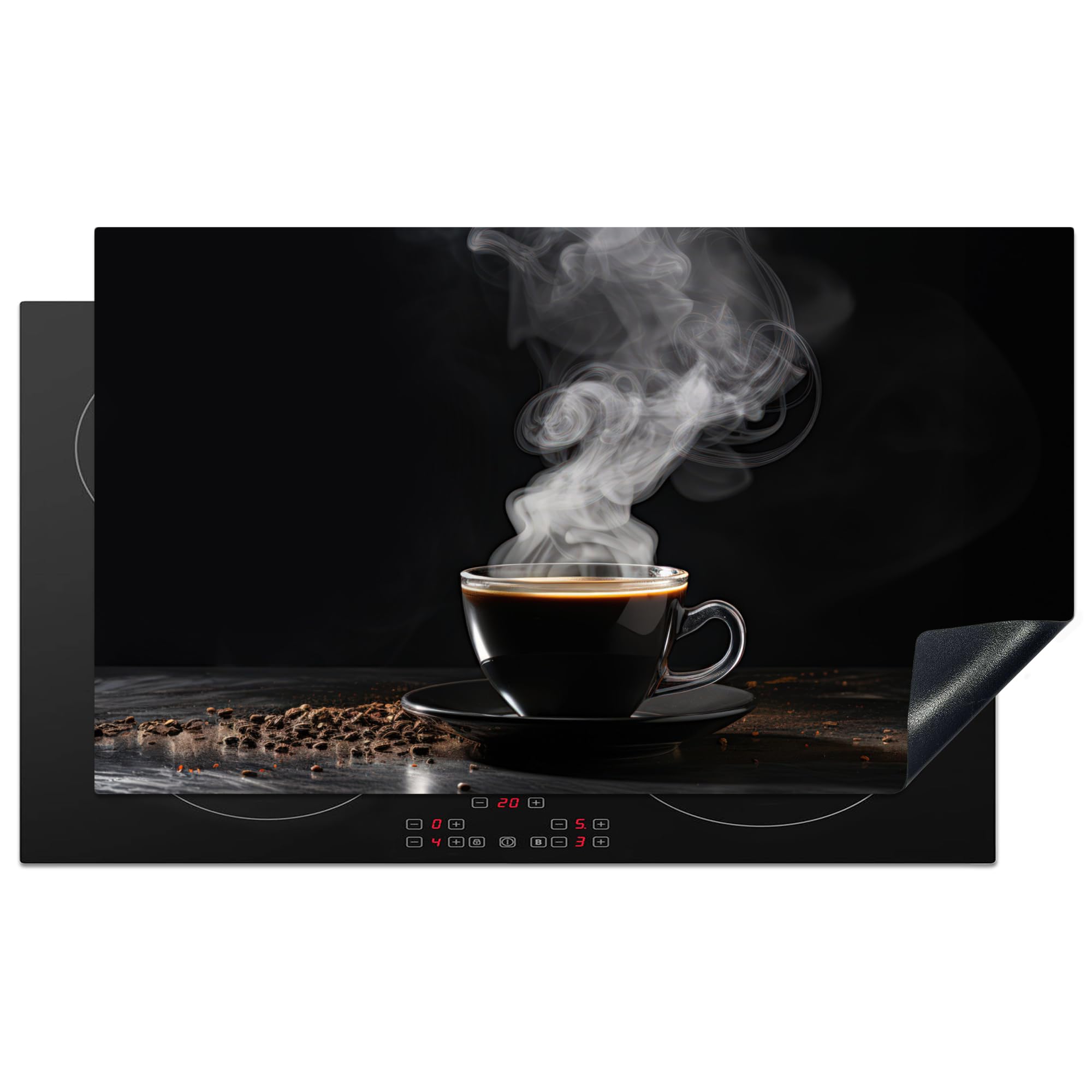 KitchenYeah© Induction Hob Protector Mat 20.8"x36" / 91.6x52.7 cm Stove Cap Top Cover Kitchen Cooker Covers for Electric Hobs Vinyl Coffee - Black - Beans - Hot - Cup
