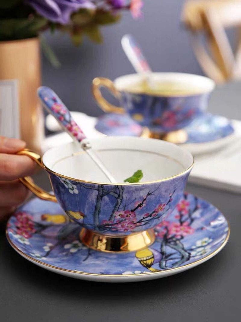 YBK Tech – Ensemble Tasse Et Soucoupe Style Européen, Porcelaine Oiseau Et Fleur, 200 Ml, Avec Cuillère