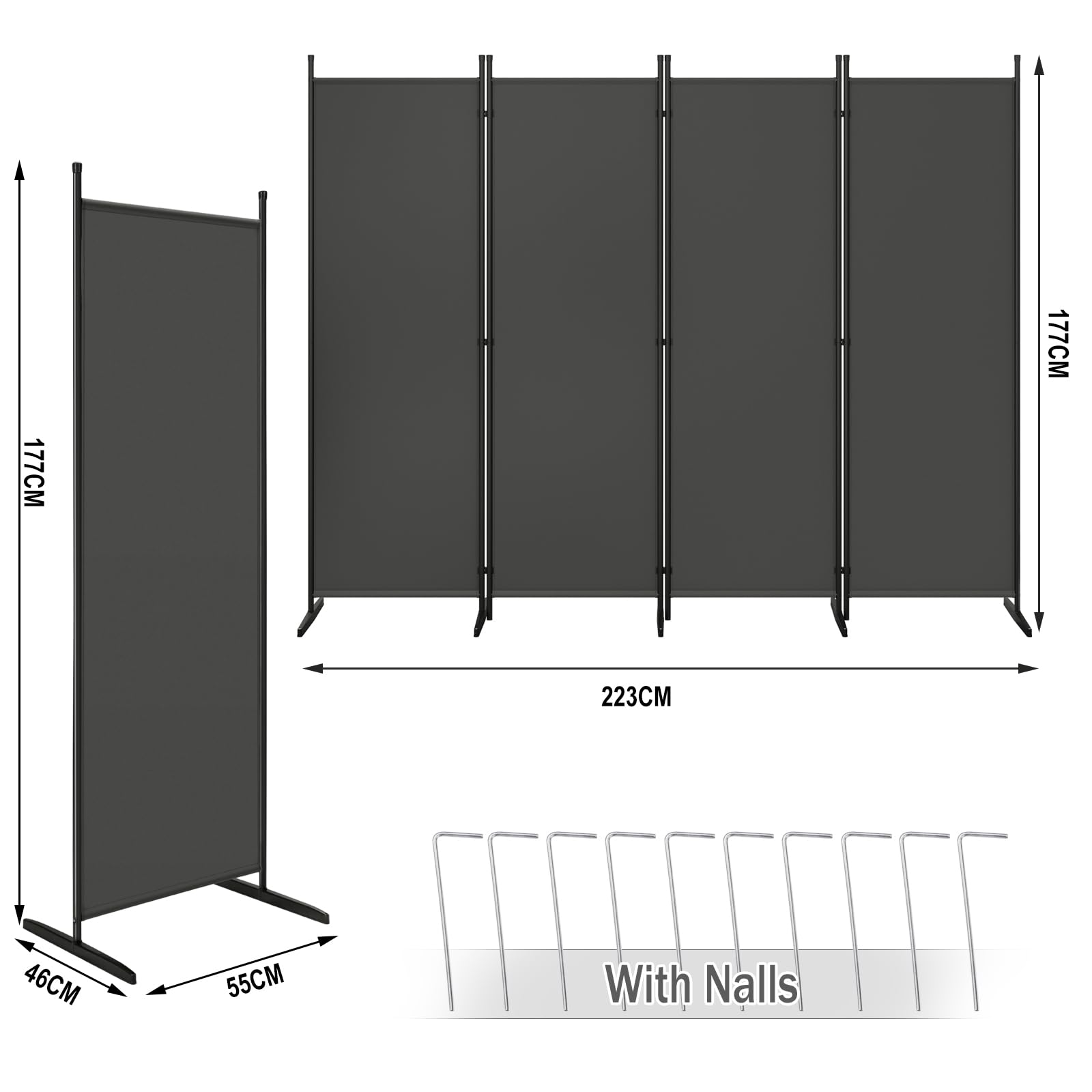 WOLTU Paravento da Interno e da Esterno, Divisorio per Ambienti Pieghevole con 4 Pezzi, Parete Divisoria in Tessuto Poliestere, Protezione Privacy, 223x177cm, Grigio Scuro
