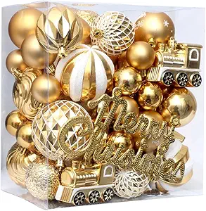 Christmas Balls 65pcs, Christmas Tree Decoration Set, Christmas Ornaments Set for Xmas Tree Holiday Party Garland Decor - Gold