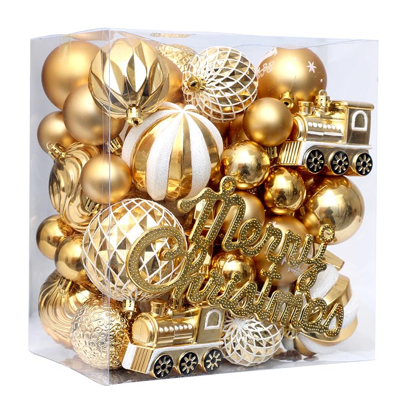 Christmas Balls 65pcs, Christmas Tree Decoration Set, Christmas Ornaments Set for Xmas Tree Holiday Party Garland Decor - Gold
