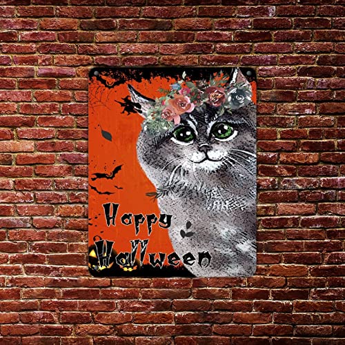 Panneau en étain Halloween Witch Cat rustique en métal durable