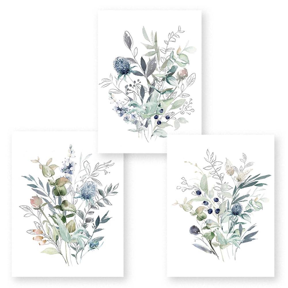 CVMINY Conjunto de 3-Pósteres Modernos Acuarela Abstracta Flores Azules Pintura Sobre Lienzo Flores Silvestres Cuadros Imprimibles Pared Decoración Interiores Sala Estar Cocina-60 * 80cm (Sin marco)