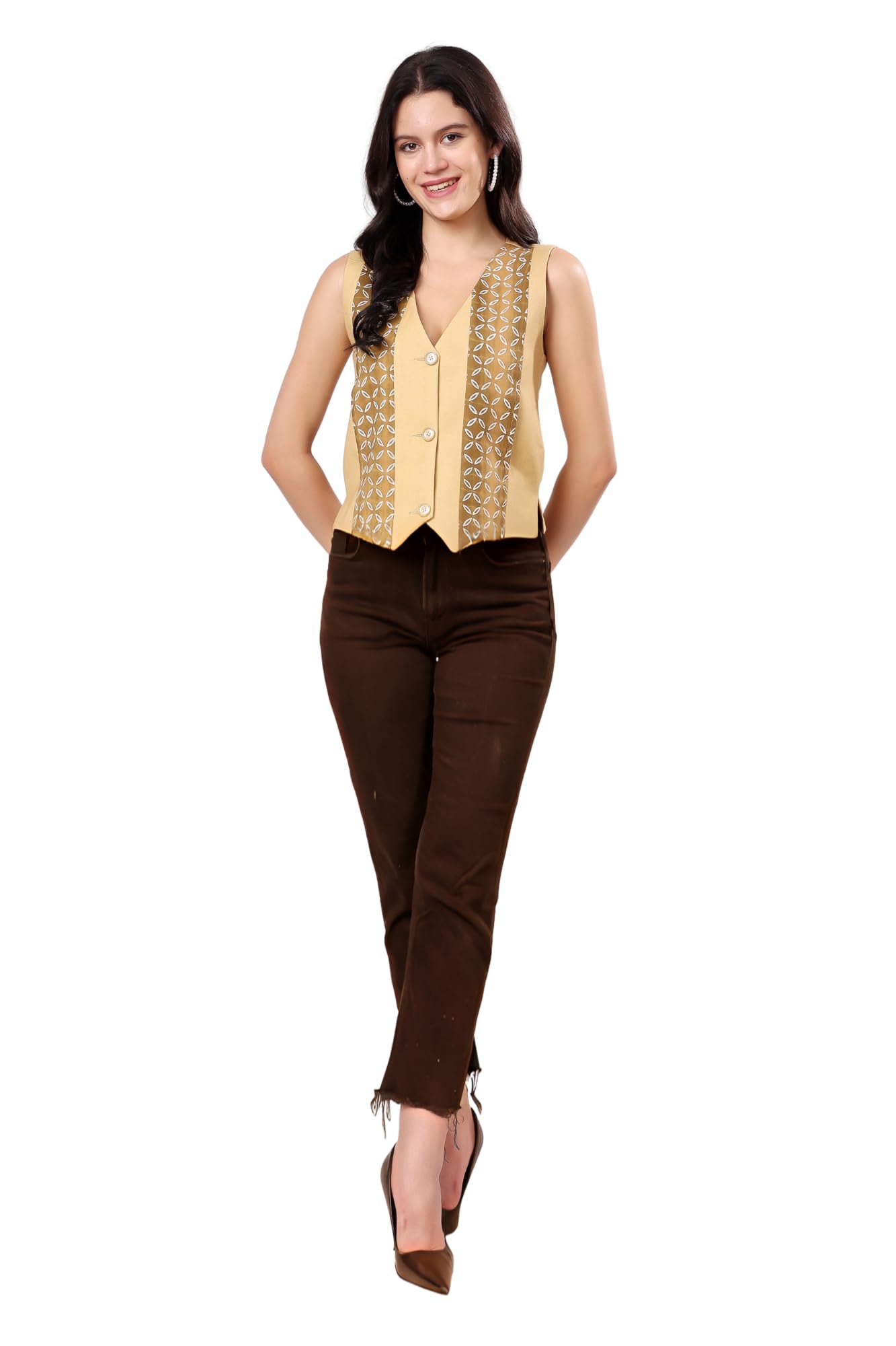 haryana hoops Beige Hand Block printed V-Neck Waistcoat (Size- Small)-picture-34