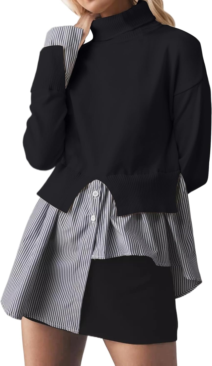 Turtleneck Asymmetrical Sweaters for Women Patchwork 2 in 1 Pullover Knit Sweater Slit Button Down Shirt 2026 Fall