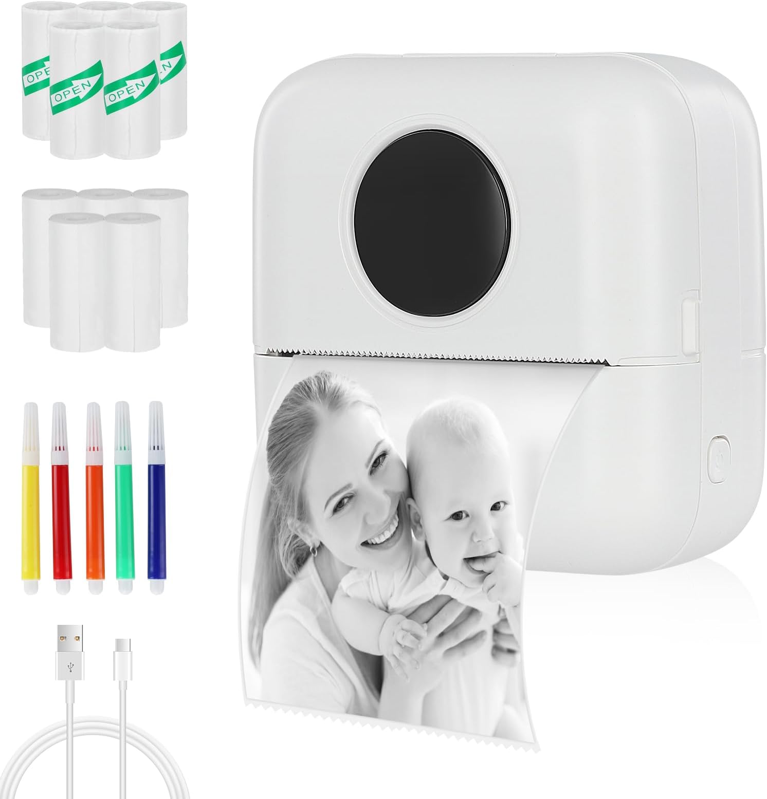 Mini Thermal Printer,Bluetooth Labler Maker, Portable Printer Compatible with ios and Android, Comes 5 Roll Paper+5 Self-adhesive Colored Pens, Printable Photos QR Codes Notes (White)