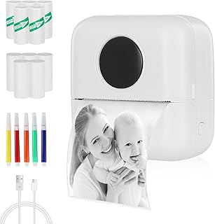 Mini Thermal Printer,Bluetooth Labler Maker, Portable Printer Compatible with ios and Android, Comes with 5 Roll Thermal Paper+5 Self-adhesive paper+5 Colored Pens, Printable Photos QR Codes Notes