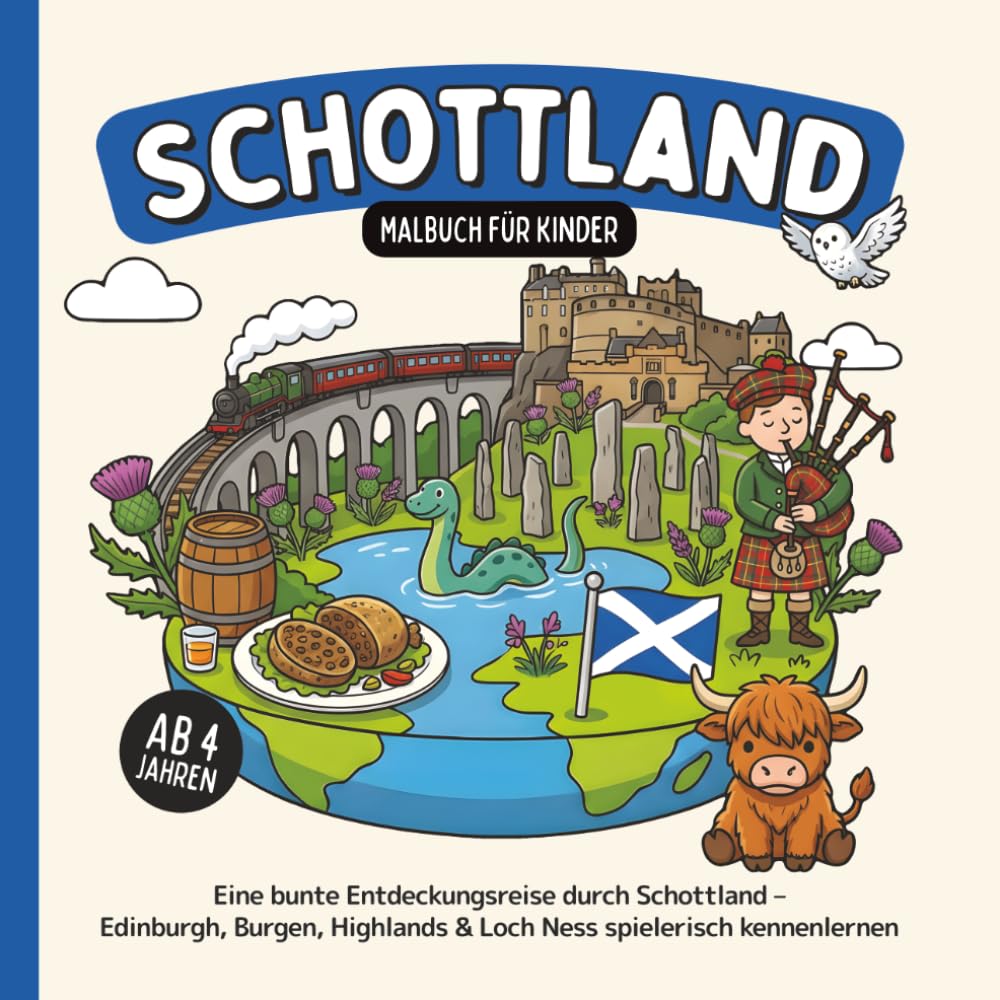 Schottland Malbuch für Kinder ab 4 Jahren: Eine bunte Entdeckungsreise durch Schottland – Edinburgh, Burgen, Highlands & Loch Ness spielerisch kennenlernen (Länder-Malbücher für Kinder)