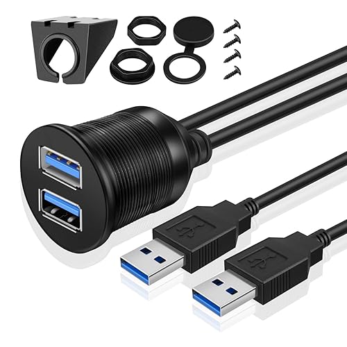 TNP - Cable de montaje empotrado USB 3.0, panel de salpicadero, 2 puertos, conector de enchufe USB doble, cable de extensión resistente al agua,