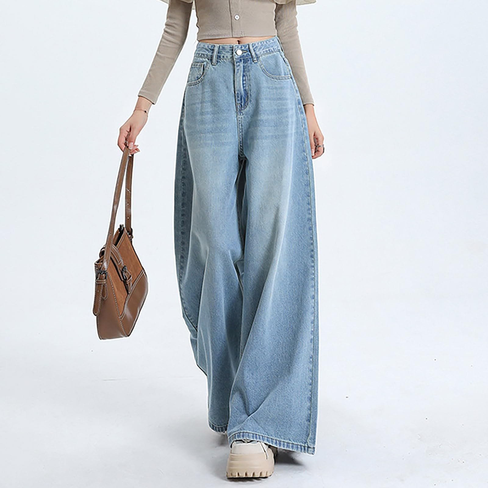 Pantalones De Verano Mujer Deporte, Pantalones Vaqueros Mujer Verano, Nuevos Jeans Lavados con Cintura Alta Y Piernas Anchas Pantalón Deportivo Pantalon Pirata