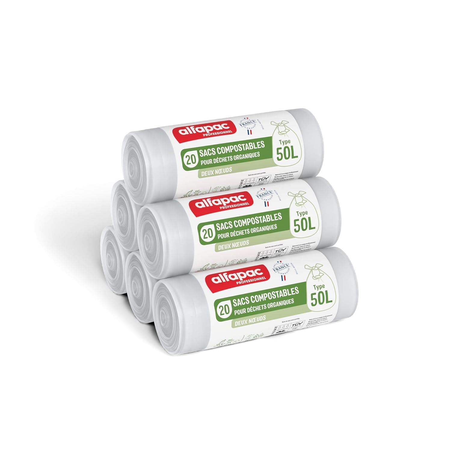 alfapac professionnel - Carton de 500 sacs-poubelle compostables - 50L | 25 rouleaux de 20 sacs - Fermeture à 2 noeuds - Pour déchets organiques