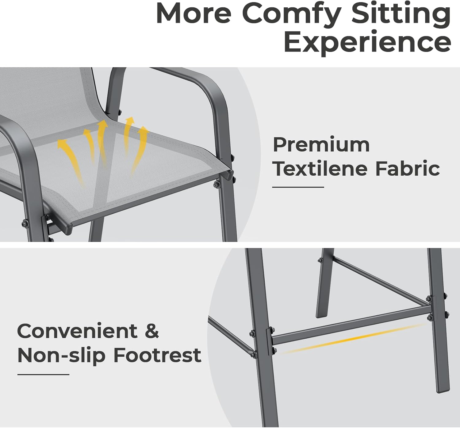 Outdoor Bar Stool Set of 4, Patio Bar Chairs with High Back and Metal Armrest, All Weather Textilene Tall Outdoor Bar Height Chairs for Balcony, Porch