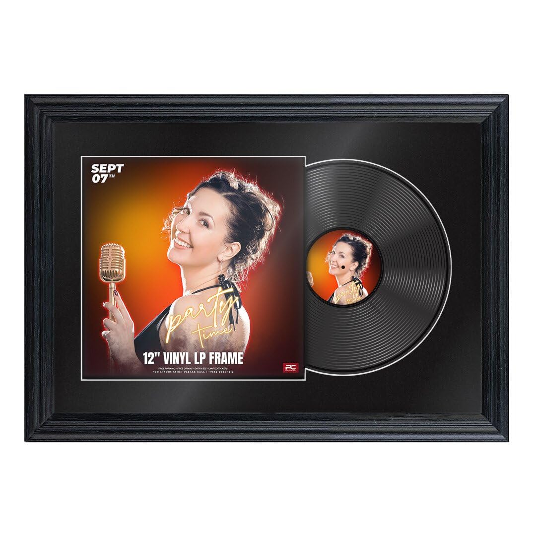 Procut Global 25x17" Black Vinyl Record Frame for 12 Inch LP Cover & Disc - Display Classic Photo Frame with Overlapped Design - Engineered Wood, Shatterproof Perspex - Black Mount