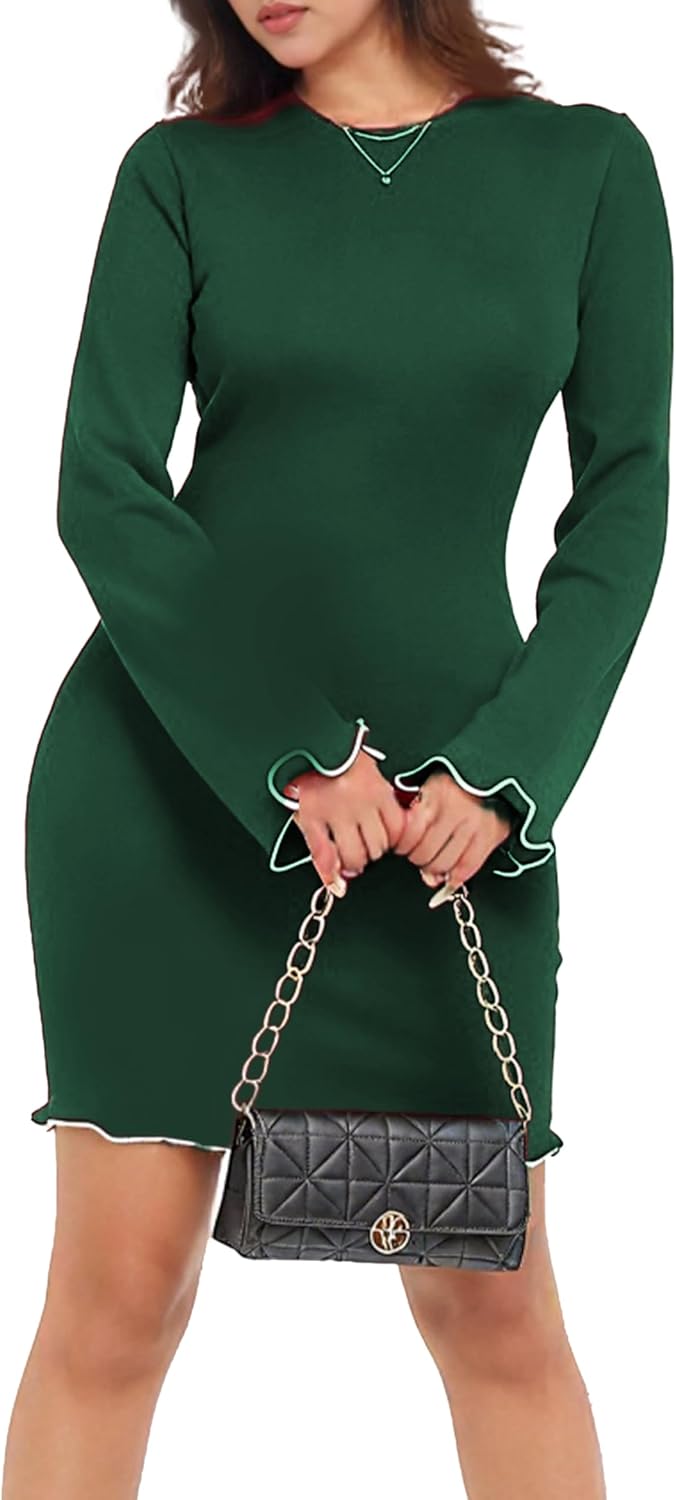 Spring Ruffle Hem Long Sleeve Mini Dress Women Slim Fit Cocktail Dress for Holiday - Image 2