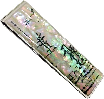 Mother of Pearl Winter Scene Black Pine Tree Painting Slim Stainless Steel Metal Money Clip Holder