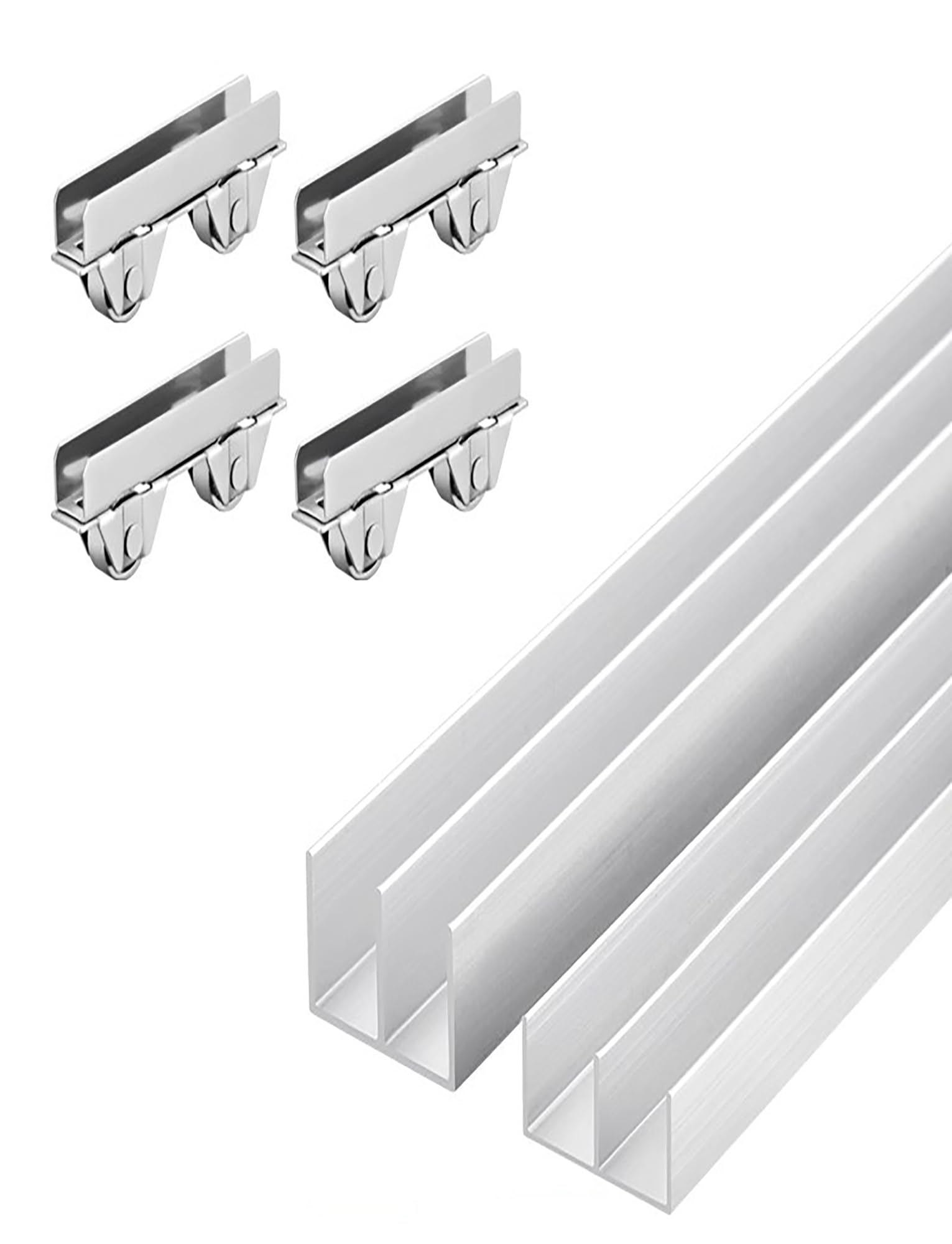 Kit de riel para puerta corredera de cristal, riel guía de aluminio de doble canal con rodillos silenciosos para vitrinas y armarios