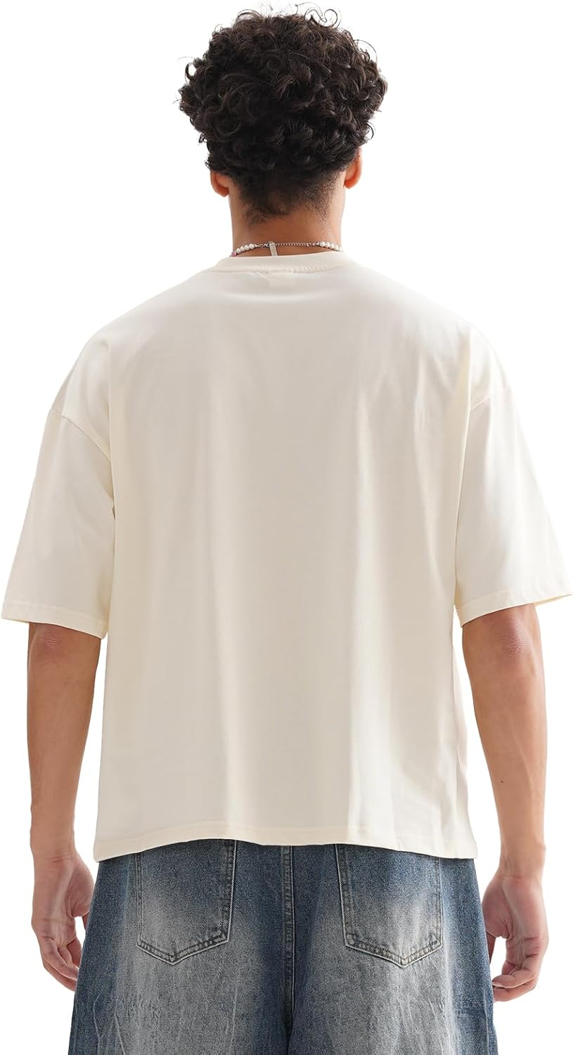 Men's T-Shirts Boxy Fit Cropped Oversized 100% Cotton Short Sleeve Round Neck T Shirts Fashion Tops Tees Shirts - Image 2