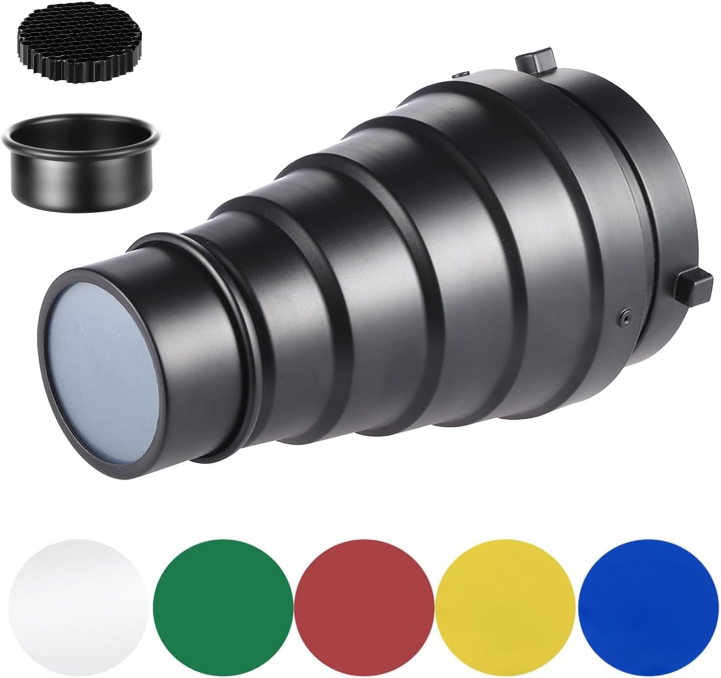 Andoer Photographic Lighting Monolights Bowens Mount Snoot Optical Snoot Metal Conical Snoot with Honeycomb Grid 5pcs Color Filter Kit for Bowens Mount Studio Strobe Monolight Photography Flash