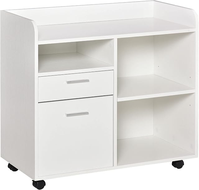 Vinsetto Multipurpose Filing Cabinet Printer Stand Mobile Printer Cabinet with 2 Drawers, Open Adjustable Storage Shelves for Home Office, White