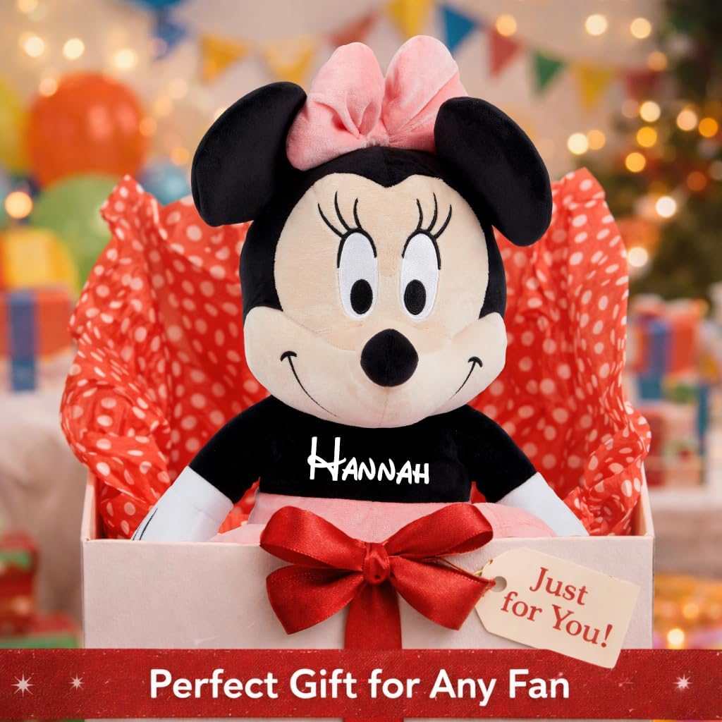 Disney Official Minnie Mouse Personalized Soft Toy for Kids, 10 Inch Cuddly Character with Fuzzy Texture and Embroidered Details, Flexible Floppy Ears, Plushy Suitable for All Ages