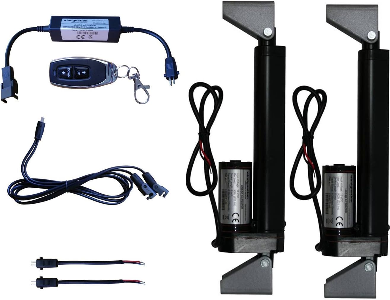 WindyNation (2pcs) 12 Volt, 225 lbs Linear Actuators + Wireless Remote Control DPDT Switch + Actuator Mounting Brackets + Wiring & Connectors