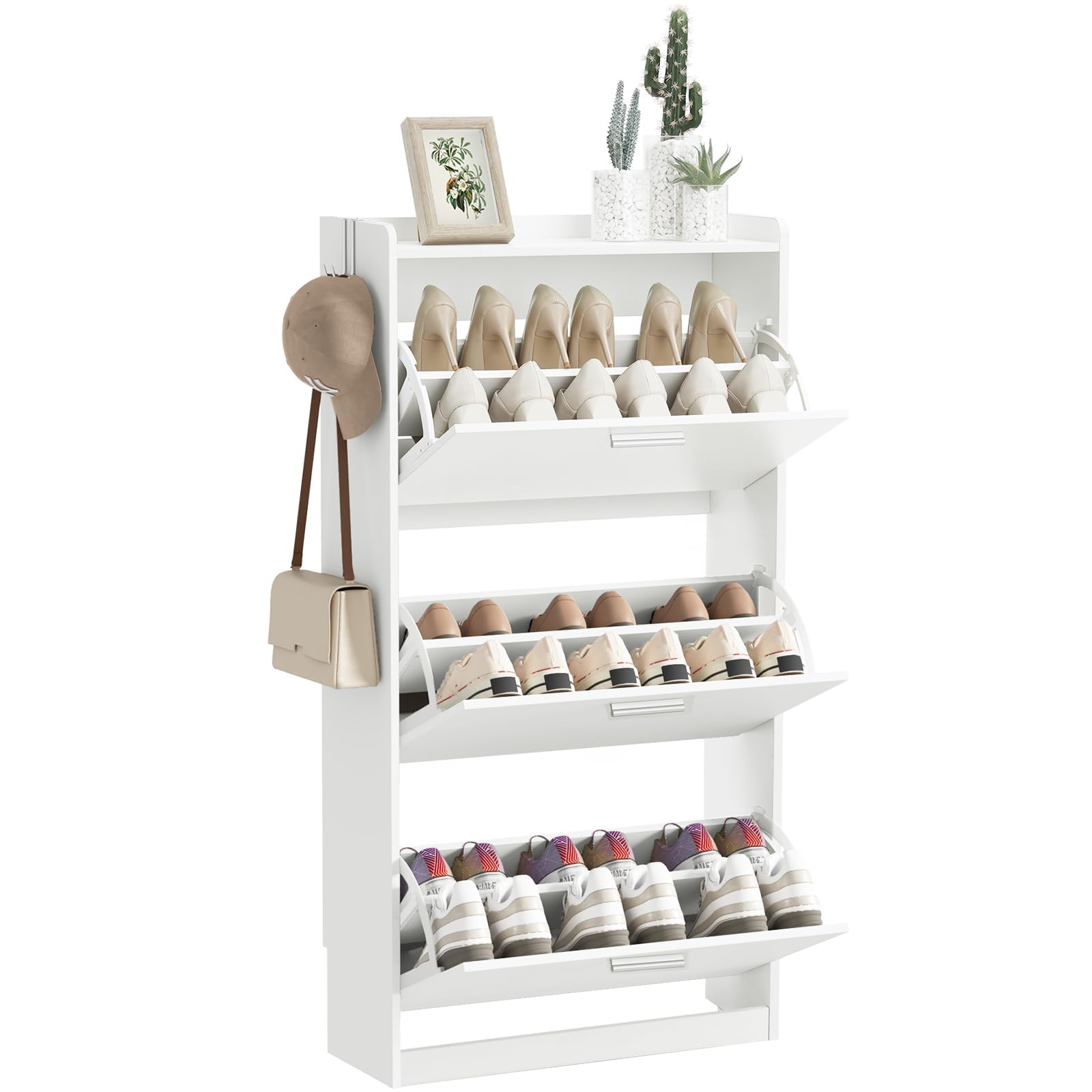 Schuhschrank mit 3 Klappen, Schuhregal mit 3 Ebenen, Schuhschrank Schmal | Trennwand Verstellbar, Perfekt für Schmale Flure, Wohnzimmer, Schlafzimmer, 60 x 22.5 x 120 cm, Weiß
