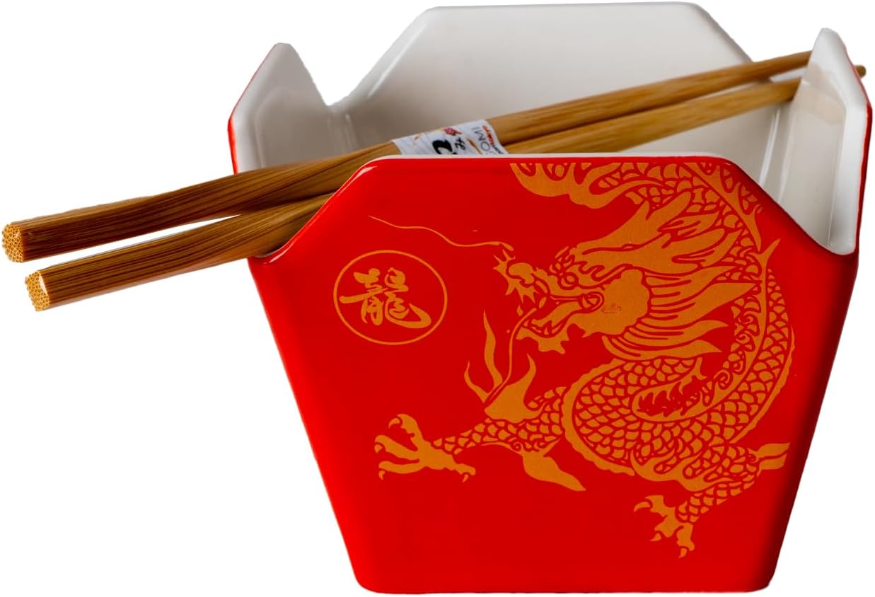 Urban Tokyo Chinese Takeout Box Style Porcelain Bowl with Chopsticks Oriental Golden Dragon Design on Red 18 fl oz Square Shape Bowl, Medium, Red/Gold, BCH54-175