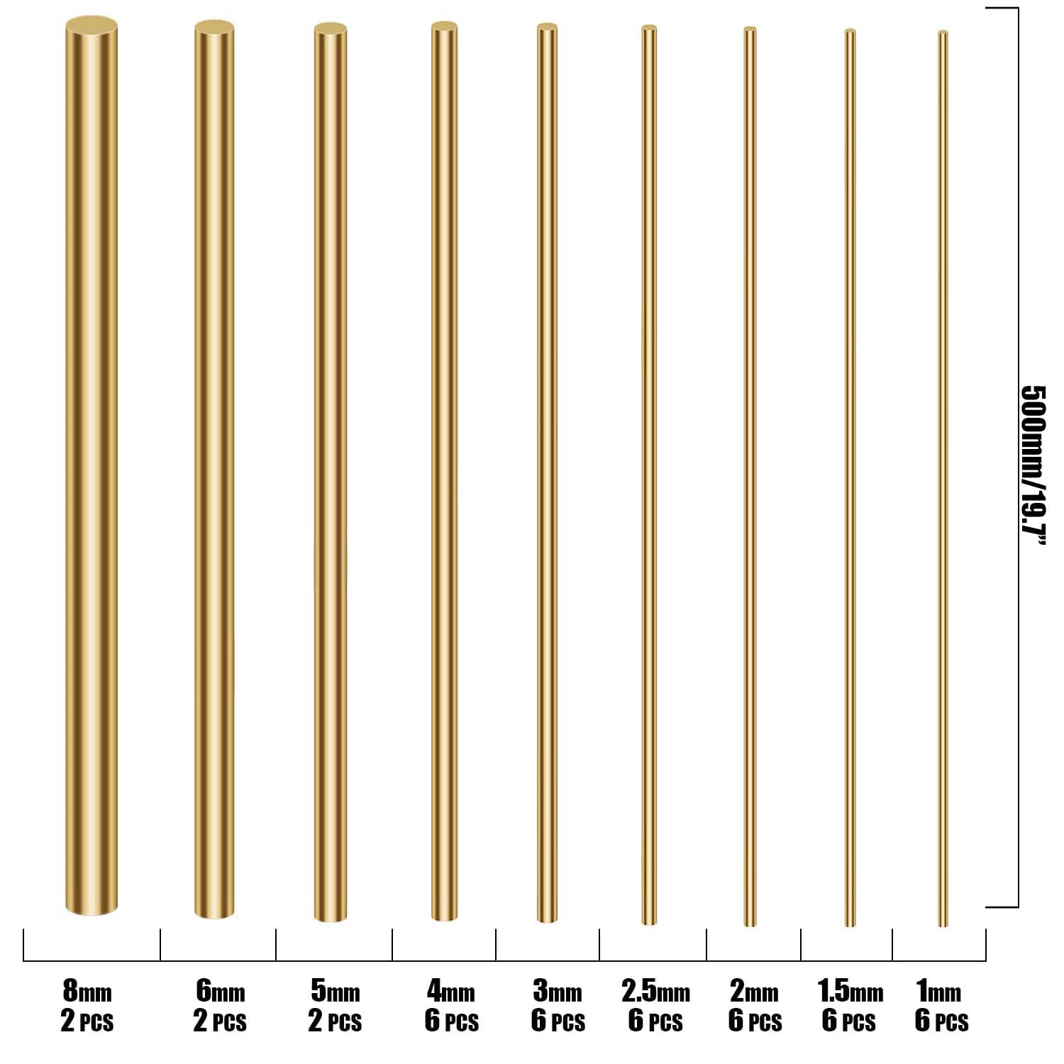 CurLer Barre Tiges Rondes en Laiton Assorties, Kit D'Assortiment 500 mm Diamètre 1-8Mm pour Outil D'Artisanat Bricolage, Goupille Poignée,42 Pieces