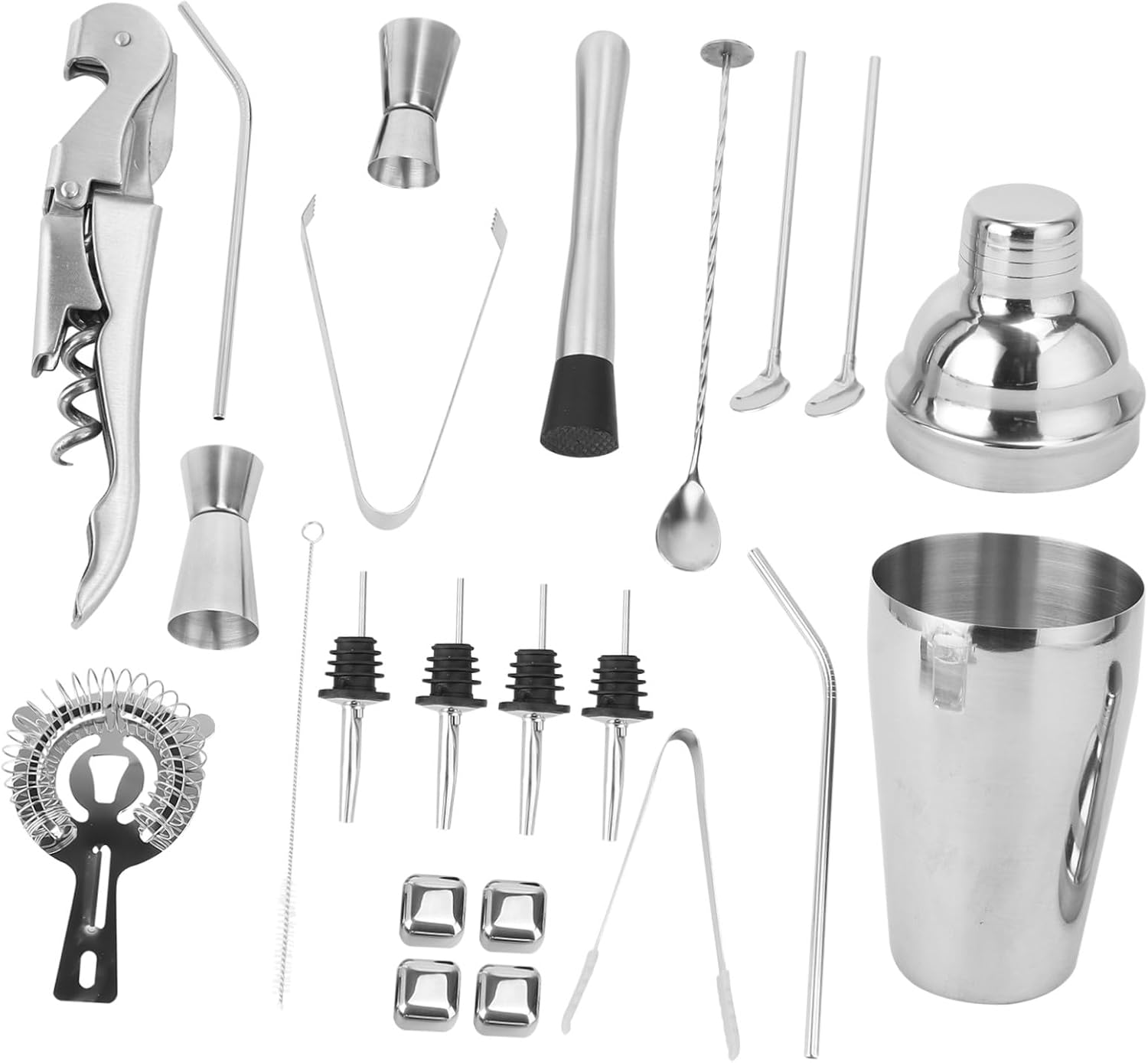 22 Pcs Cocktail Shaker Set Stainless Steel Bartender Kit with Cocktail Measuring Cup, Strainer, Beer Bottle Opener, Ice Tong for Easy Shaking and Delicate Bubbles for Home Bar Use